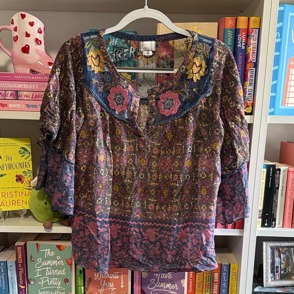 Anthropologie Floral Boho Blouse - Pink, Blue, Yellow